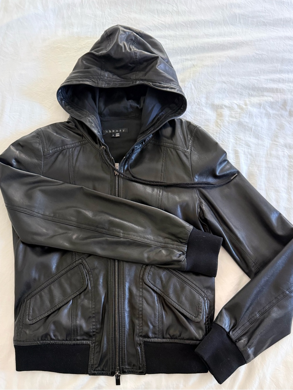 Theory Leather hooded jacket size Small - Worn Once!